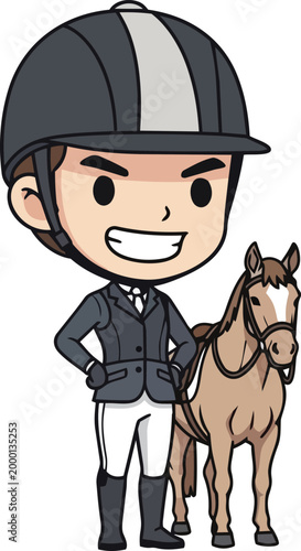 Equestrian rider smiling with horse in equestrian gear outdoors