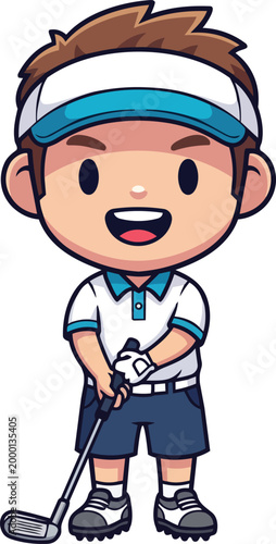 A smiling boy wearing a visor holds a golf club outdoors.