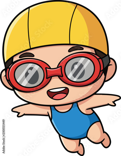 A cartoon child wearing goggles and swim cap jumps excitedly in air.