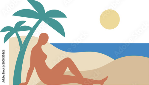 Beach vacation scene shows a person relaxing under palm trees near the ocean on a summer day.