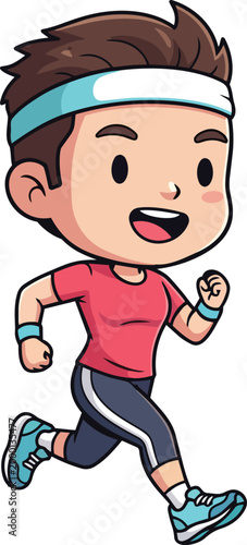 A boy wearing a headband is running in a sporty outfit.