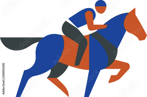 Horseback rider geometric illustration depicts a stylized equestrian athlete competing in a jump event.