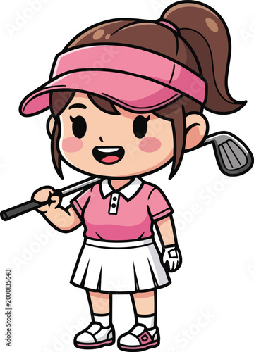 A smiling cartoon girl in pink attire holds a golf club outdoors.