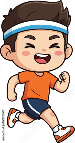 A cartoon boy wearing an orange shirt runs quickly outside with a happy face.