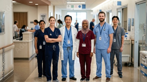 Professional Healthcare Team Posing Together in Medical Facility Hallway