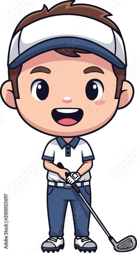 A smiling cartoon boy in golf attire holds a golf club outdoors.