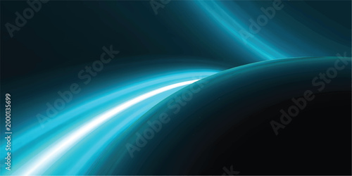 Futuristic blue neon light trail with smooth curved motion and glowing energy streak. Abstract dynamic shape isolated on dark background, ideal for sci-fi interfaces, speed effects, and modern digital