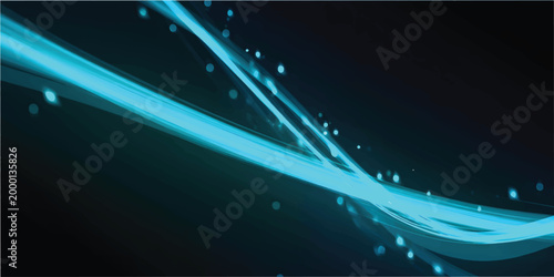 Flowing blue wave lines and glowing particle wave with luminous line motion, futuristic blue network data glow, abstract flying saucer light trail and scattered particles evoking depth, motion