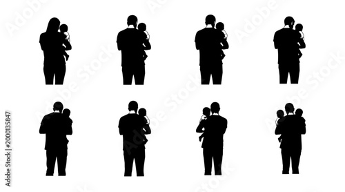 Silhouette of parent holding infant baby, rear view, isolated on white background