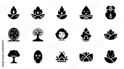 Set of diverse black and white icons representing nature, growth, and human elements in a clean, minimalist style.