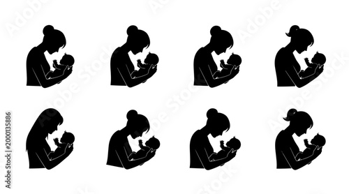 Mother Holding Newborn Baby Silhouette Collection, Tender Embrace, Comforting Pose, Parental Love