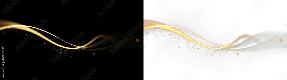 Obraz premium Elegant golden wave with sparkles isolated on transparent and black background, for design projects and creative works, light overlay, PNG