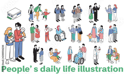 アイソメトリック構図の人々の暮らしのイラストセット