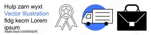 Corporate branding, delivery services, professional achievement, logistics management, shipping solutions, business identity. Ribbon badge, truck icon and briefcase illustration. Achievement