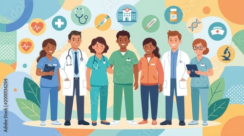 Diverse Group of Medical Professionals in Stylized Flat Vector Illustration