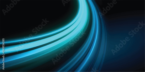 Abstract blue light trails on dark background, glowing neon wave motion, futuristic energy fiber optic lines for technology and data concept