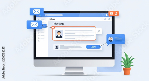 Email Inbox Interface on Desktop Computer with Messages Notifications and Contact Cards Digital Communication Technology Illustration