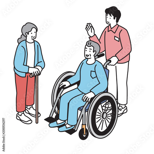 車椅子に乗る高齢者と介護士のイラスト