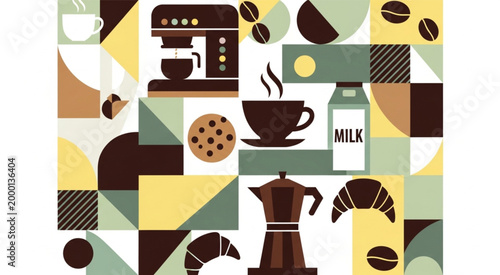 Coffee Geometric Seamless Pattern with Cups Machine Milk Croissant and Beans Modern Retro Cafe Background Design