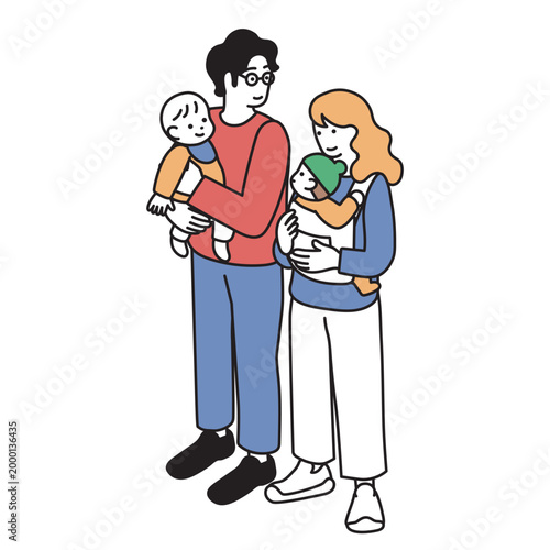 子育てをする夫婦のシンプルなイラスト