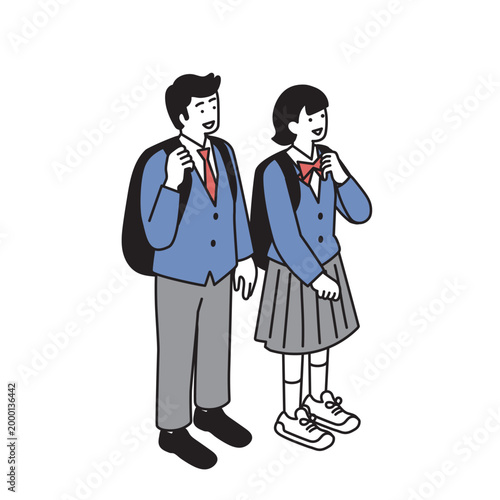 アイソメトリック構図の中高生の男女のイラスト
