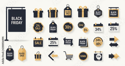 Black Friday Sale Icon Set with Discount Tags, Gift Boxes, Price Labels, Shopping Cart, and Promotional Badges for Retail Marketing, Ecommerce, and Seasonal Advertising Design
