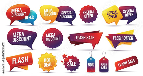 Colorful Sale Speech Bubbles and Discount Badges Collection with Mega Discount, Flash Sale, and Special Offer Labels for Marketing, Ecommerce, and Promotional Design
