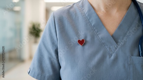 Medical Professional Wearing Blue Scrubs with Decorative Heart Lapel Pin