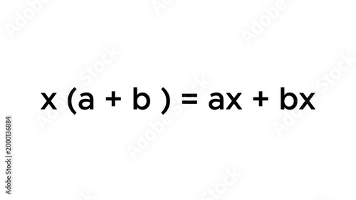 Mathematical algebra distributive property formula animation on white background