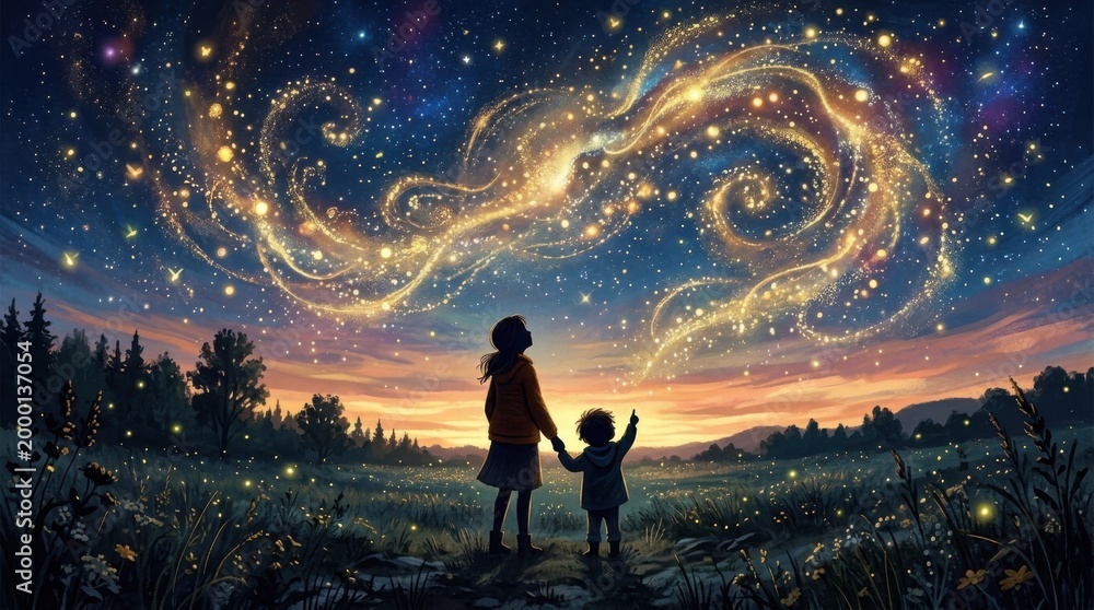 Fototapeta premium Fantasy Silhouette of Mother and Child Under Magical Starry Sky