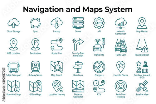 Navigation and maps system icons for gps location routing and traffic info vector.