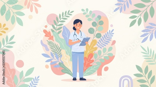 Modern Vector Illustration of a Nurse with Clipboard and Botanical Elements