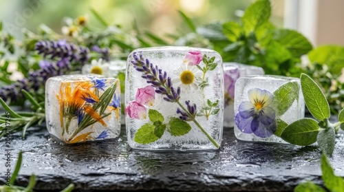 Edible Flowers Frozen in Crystal Clear Ice Cubes on Slate Board