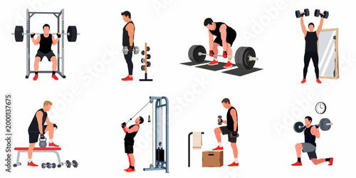 Set of Minimalist Flat Vector Illustrations Showing Men Performing Various Strength Training Exercises in the Gym on a White Background
