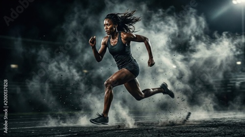 Female Runner Sprinting Through Fog in Powerful Athletic Action Shot
