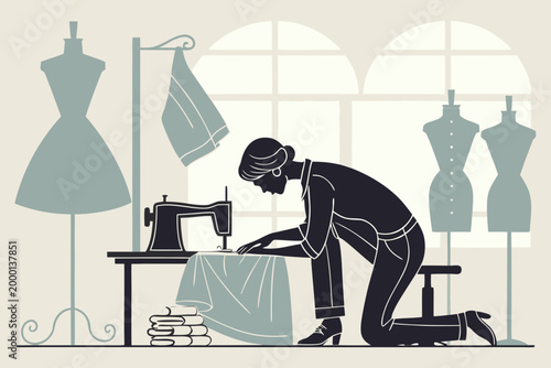 Tailor sewing clothes silhouette, fashion workshop.