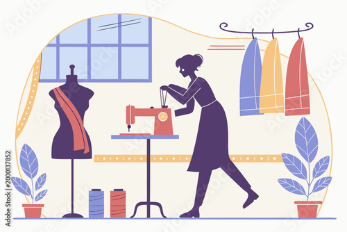 Tailor sewing clothes silhouette, fashion workshop.