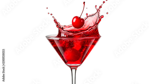 AI generated. Red cocktail in a martini glass with a dynamic liquid splash and a cherry, isolated on a white background, vivid crimson drink with droplets in motion.