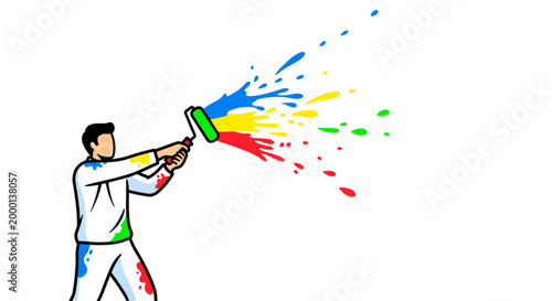 Man with Spray Gun Creating Colorful Rainbow Burst.
