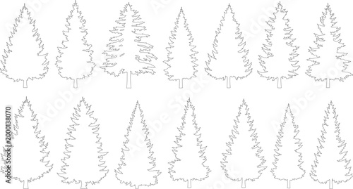 Minimalist pine tree outline collection, 14 evergreen conifer vector silhouettes, black and white forest fir tree line art set for winter landscape design
