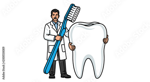 Dentist with Oversized Tooth and Toothbrush Illustration.
