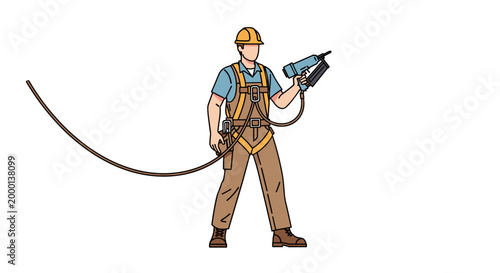Construction Worker In Safety Gear With Power Tool.