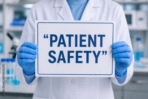 A person in a lab coat holding a sign that reads PATIENT SAFETY in a laboratory setting.