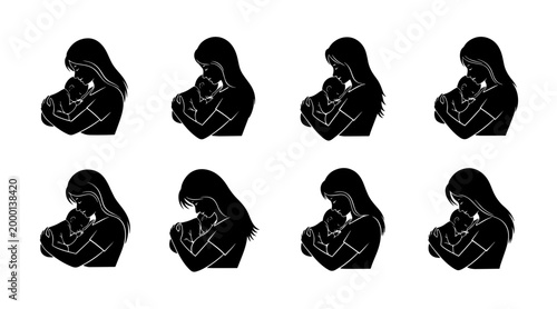 Silhouette of Mother Holding Newborn Baby Tenderly, Caring Embrace