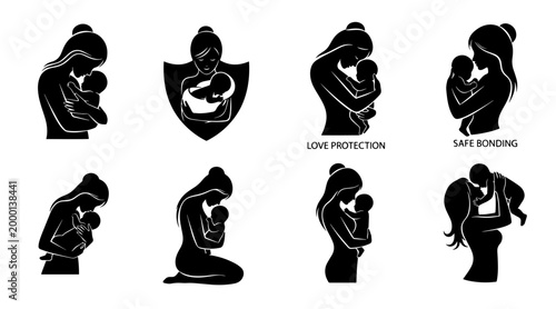 Mother and Child Silhouette Set: Love, Protection, and Safe Bonding Icons