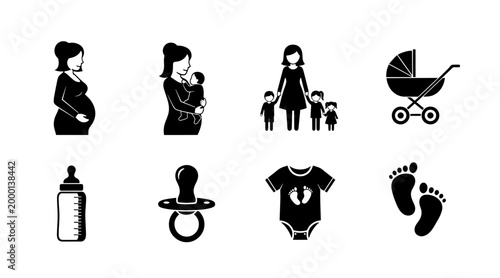 Motherhood and Baby Icons: Pregnant Woman, Carrier, Family, Stroller, Bottle, Pacifier, Baby Clothes, Footprints