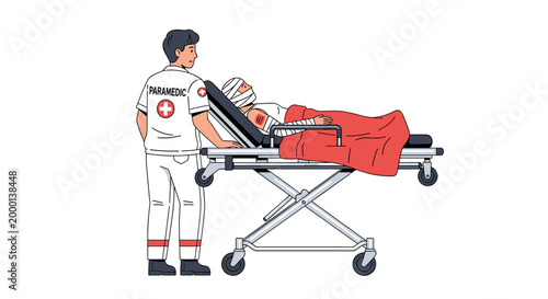 Paramedic in Uniform Pushing Stretcher With Patient On Gurney.