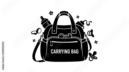 Black and White Illustration of a Baby Diaper Bag with Bottles and Pacifiers, Travel Essentials