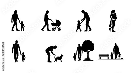 Father and Child Silhouette Set: Walking, Stroller, Dog, Park Bench, Family Moments
