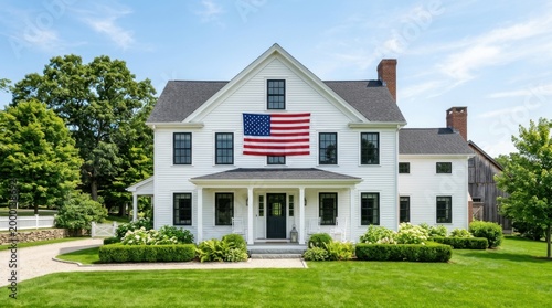 White Traditional House with American Flag Displayed on Front